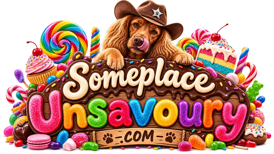 Someplace Unsavoury — a candy-covered sign watched over by Baxter the dog